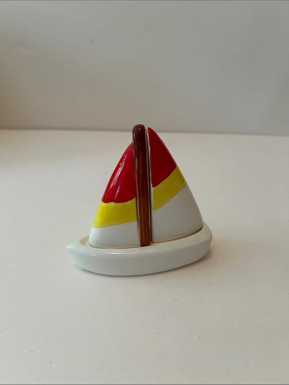 Ceramic Sailboat Salt and Pepper Shaker Set - Red, Yellow, White